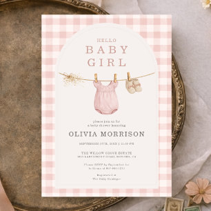 Baby Girl Clothesline Blush Pink Bow Baby Shower Invitation