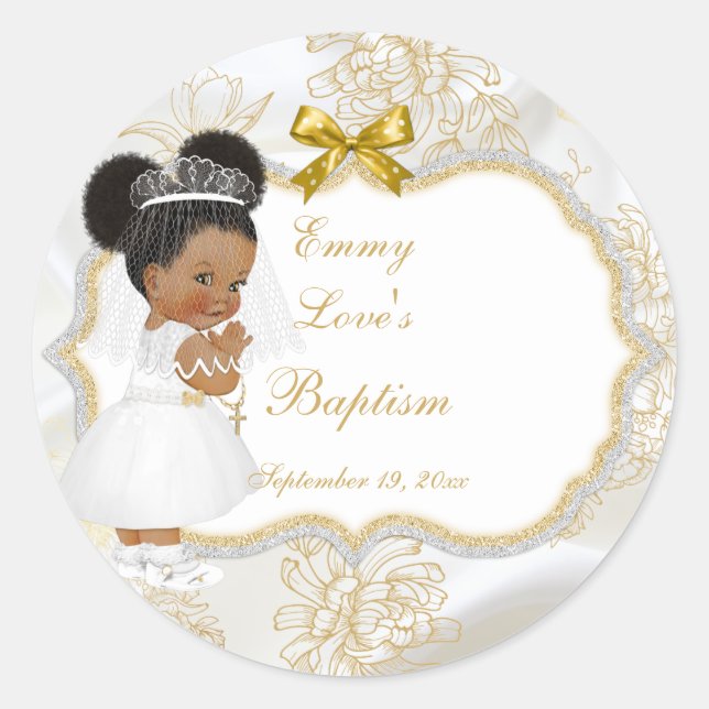 Baby Girl Communion Baptism Gold Cross Ethnic Classic Round Sticker (Front)