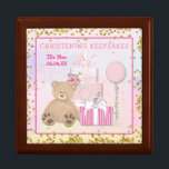 Baby Girl Cute Teddy Cake Christening Keepsakes Gift Box<br><div class="desc">Great to keep small mementos from this special occasion, the design is a cute teddy bear sits in front of a beautiful pink christening cake alongside a balloon and gift, edged with gold confetti. The informal typography Christening Keepsakes and your baby’s name and date of birth or date of the...</div>