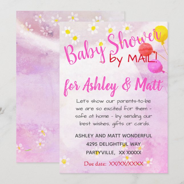 Baby Girl Daisies Balloon Pink  Baby Shower Invitation (Front/Back)