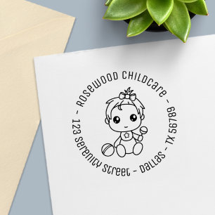 Baby Girl Daycare Childcare Round Address 2 Self-inking Stamp