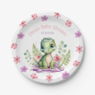 Baby Girl Dinosaur Pink and Purple Flowers Paper Plate