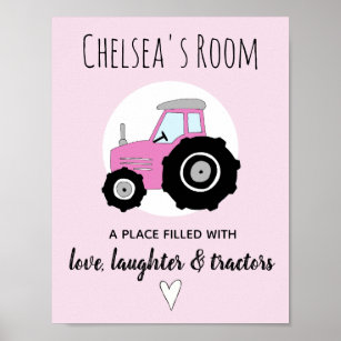 Baby Girl Doodle Pink Farm Tractor Name Nursery Poster