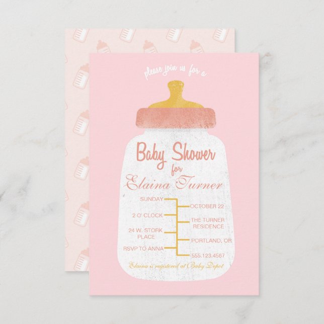 Baby Girl Douche bébé bouteille Invitation (Devant / Derrière)