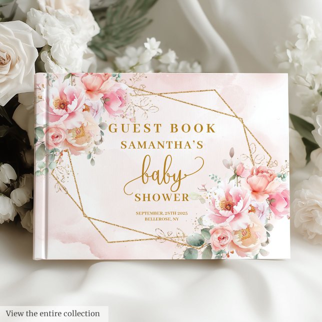 Baby girl douche bleu rose floral or livre d'or (Baby girl shower blush pink floral gold guest book)