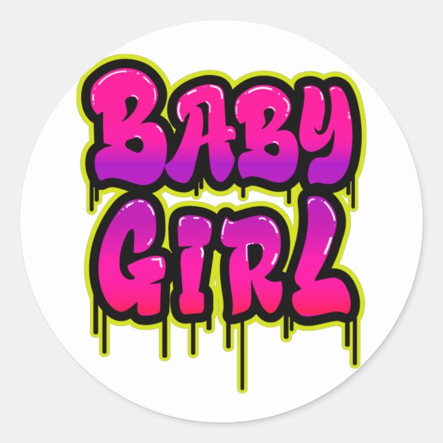 Baby Girl Dripping Word Art Spray Paint Pink Green Classic Round Sticker (Front)