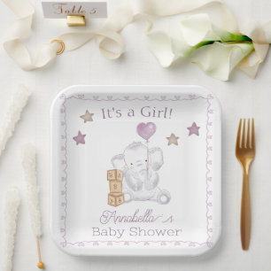 Baby Girl Elephant and Cute Balloon Watercolor Paper Plate