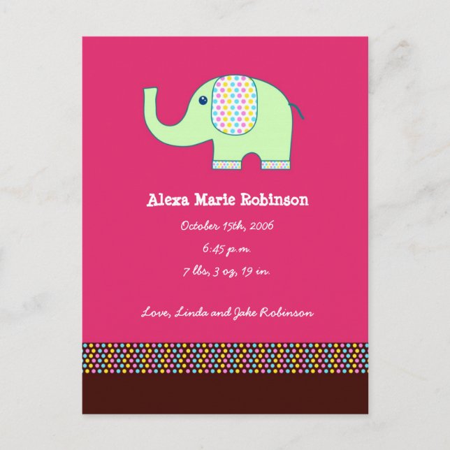 Baby Girl Elephant Announcement (Front)