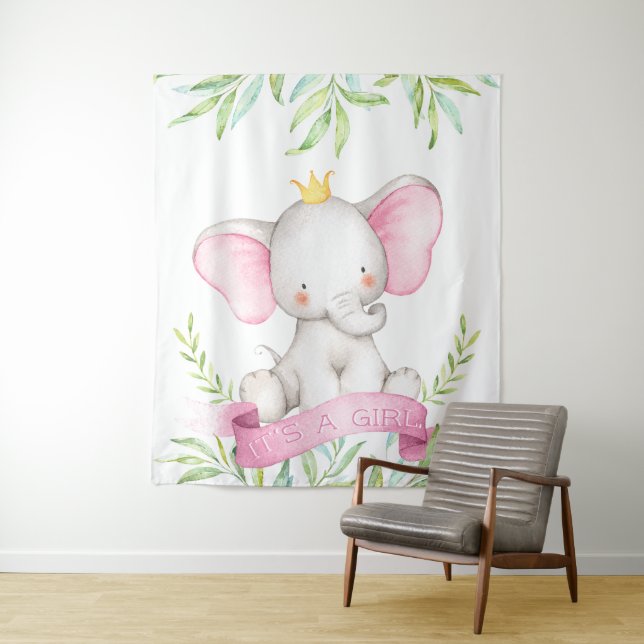 Baby Girl Elephant Baby Shower Backdrop Banner Tapestry (In Situ)
