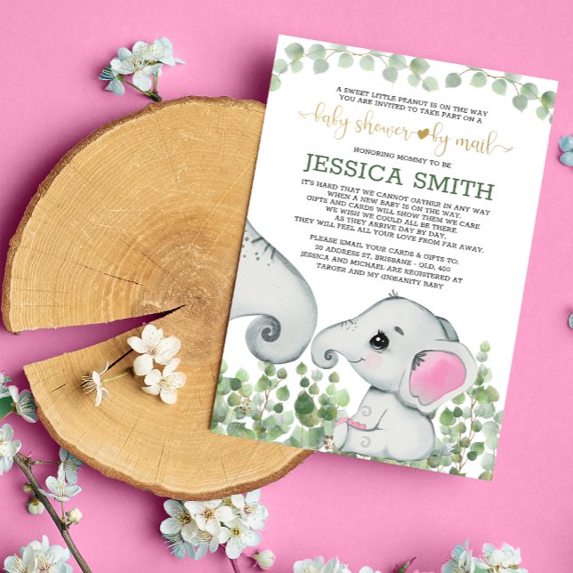 Baby Girl Elephant Baby Shower By Mail Invitation (Creator Uploaded)