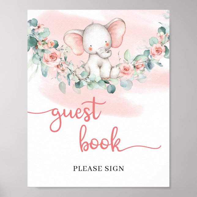 Baby Girl Elephant eucalyptus guest book sign (Front)
