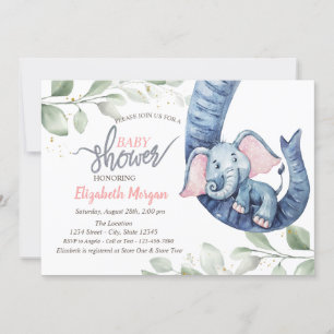 Baby Girl Elephant Feuilles Baby shower Invitation