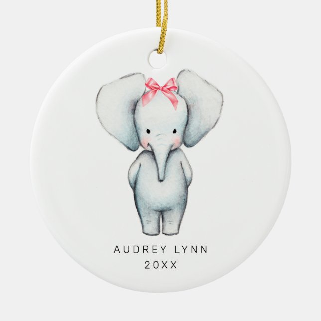 Baby Girl Elephant Personalized 1st Christmas Ceramic Ornament (Front)