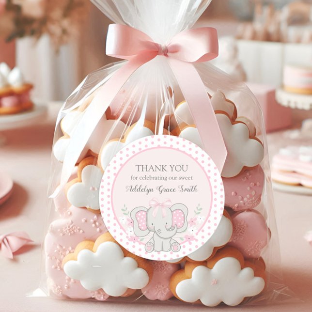Baby Girl Elephant Pink Polka Dot Sip See Shower Classic Round Sticker (Cute pink elephant baby girl shower thank you stickers)
