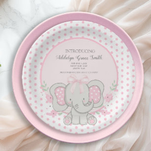 Baby Girl Elephant Pink Polka Dot Sip See Shower Paper Plate