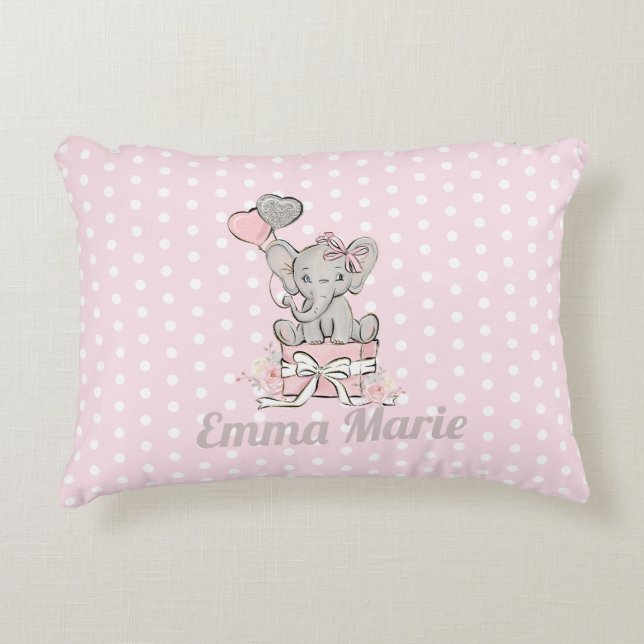 Baby Girl Elephant Pink Silver Balloons Accent Pillow (Front)