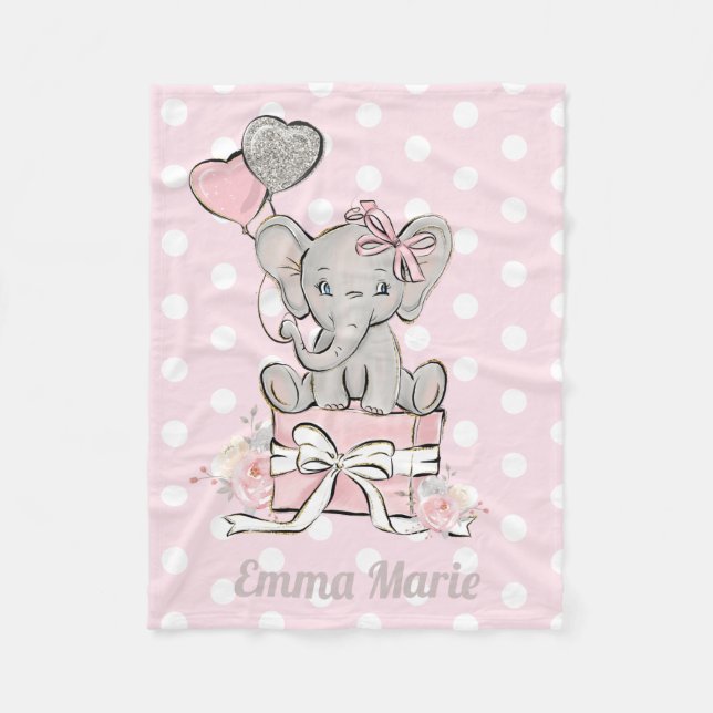 Baby Girl Elephant Pink Silver Glitter Balloons Fleece Blanket (Front)