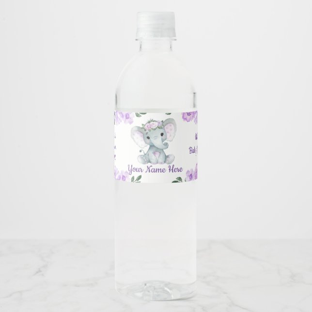 Baby Girl Elephant Purple Water Label Floral (Front)