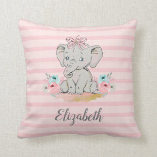 Baby Girl Elephant Watercolor Nursery Throw Pillow