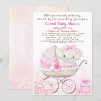 Baby Girl Elephant with Mask Zoom Baby Shower Invitation