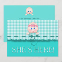 Baby Girl Faire-part Elle est ici Baby Face Turquo