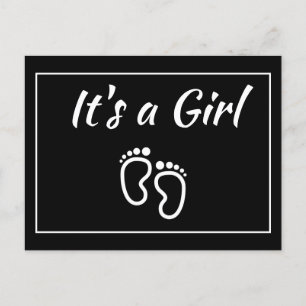 Baby Girl Feet Black Modern Minimalist Birth Announcement Postcard