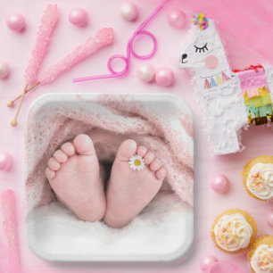 Baby Girl Feet with a White Daisy Paper Plate