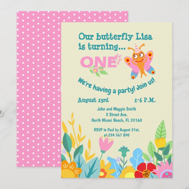 Baby girl first birthday butterfly party invitation (Front/Back)