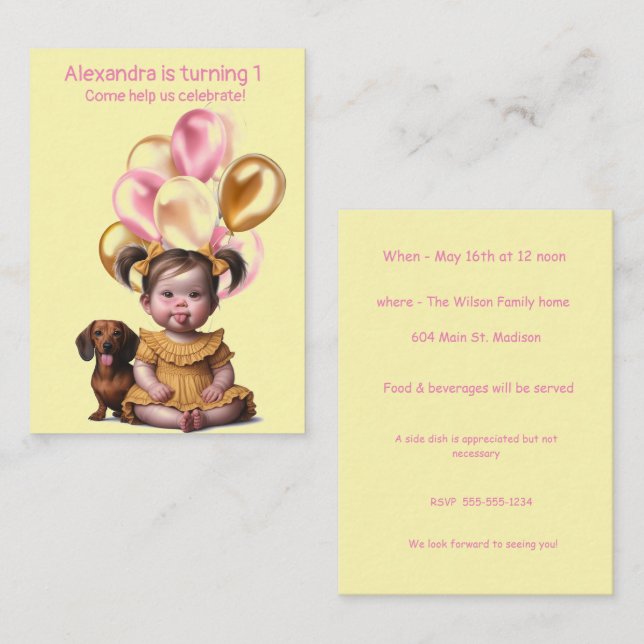 Baby Girl First Birthday Invitation (Front/Back)