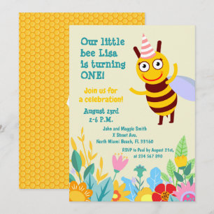 Baby girl first birthday little bee party  invitation