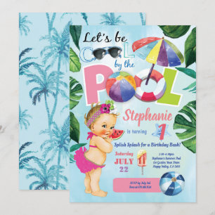 Baby girl first birthday pool party tropical invitation