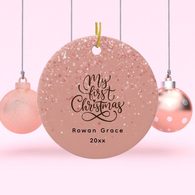 Baby Girl First Christmas Custom Name Pink Minimal Ceramic Ornament (Creator Uploaded)