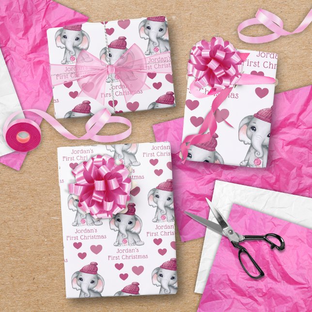 Baby Girl First Christmas Elephant Pink Name Wrapping Paper Sheet (Creator Uploaded)