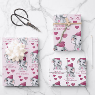 Baby Girl First Christmas Elephant Pink Name Wrapping Paper Sheet