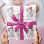 Baby Girl First Christmas Elephant Pink Snow Name Wrapping Paper Sheet<br><div class="desc">Recognize a baby girl's First Christmas with this personalized giftwrap sheets set of 3 featuring a cute watercolor baby girl elephant wearing a pink stocking cap and holding a pink Christmas ornament surrounded by pink snowflakes with your choice of text (the sample shows NAME'S FIRST CHRISTMAS) in your choice of...</div>