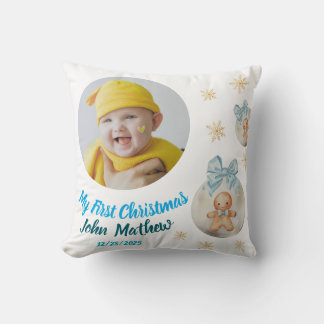 Baby Girl First Christmas Gingerbread Photo & Name Throw Pillow