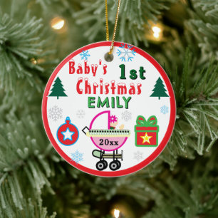 Baby Girl First Christmas Green NAME Ceramic Ornament