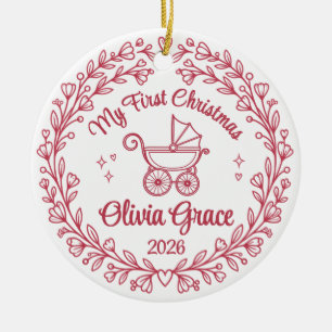 Baby Girl First Christmas Name & Year Floral Ceramic Ornament
