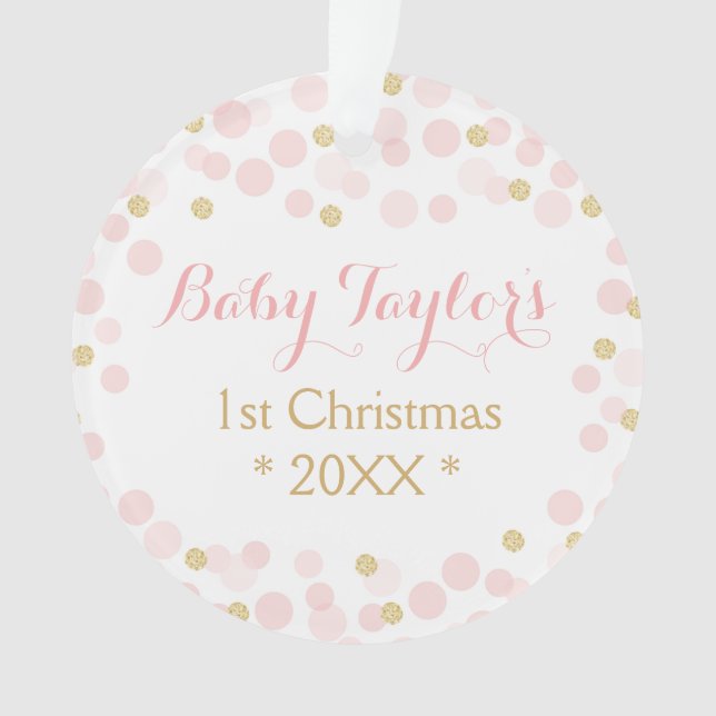 Baby Girl First Christmas Ornament, Dots d'or rose (devant)