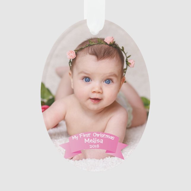 Baby Girl First Christmas Photo Acrylic Ornament (Front)