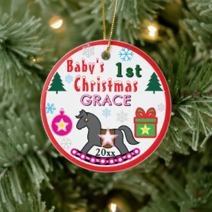 Baby Girl First Christmas PHOTO Pink Gray Horse Ceramic Ornament