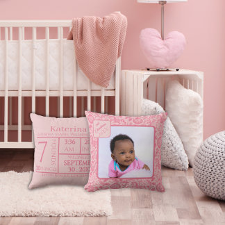 Baby Girl First Christmas Photo Pink Toile Throw Pillow