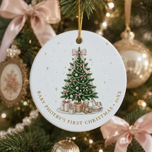 Baby Girl First Christmas Pink Bow Personalized Ceramic Ornament