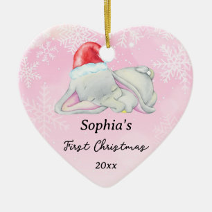 Baby Girl First Christmas Pink Elephant Custom Ceramic Ornament