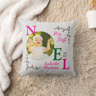 Baby Girl First Christmas Pink First Noel Photo Throw Pillow