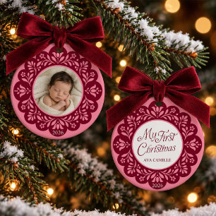 Baby Girl First Christmas Pink Floral Photo Ceramic Ornament