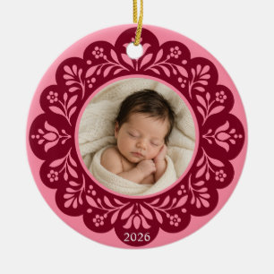 Baby Girl First Christmas Pink Floral Photo Ceramic Ornament