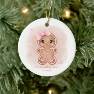 Baby Girl First Christmas Pink Gingerbread Photo Ceramic Ornament