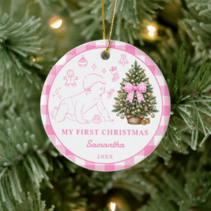 Baby Girl First Christmas Pink Gingham Bow Photo Ceramic Ornament