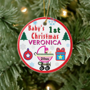 Baby Girl First Christmas Pink Hat NAME Ceramic Ornament